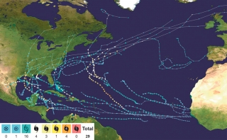 Systèmes tropicaux simultanés dans l&#039;Atlantique Nord  à la mi-septembre 2020 (NHC)
