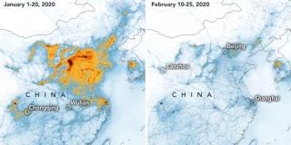 Cartographies produites par la Nasa, issues des données de satellites européens et américains. Le &quot; nuage &quot; orange représente la quantité en dioxyde d&#039;azote (NO2) contenu dans l&#039;air au-dessus de la Chine en janvier 2020 et en février 2020
